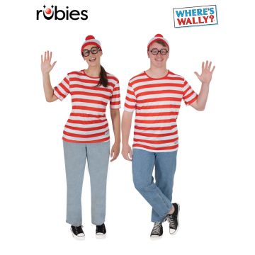 Adult Where's Wally costume with red and white striped top, matching beanie and round black frame glasses