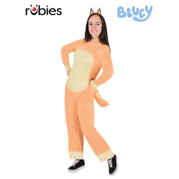Adult Chilli Bluey costume - orange Red Heeler jumpsuit with cream belly panel and attached tail