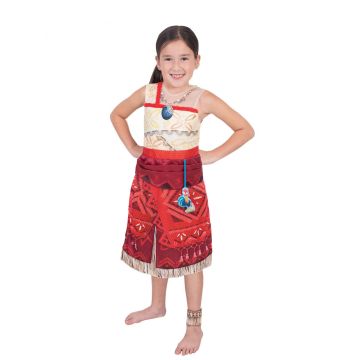 Girls Disney Moana costume dress with red tribal print skirt and cream bodice