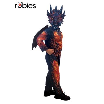 Kids dragon costume with orange and black digital print scales and muscular jumpsuit design