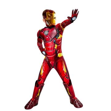Kids Iron Man costume with muscle chest padding and metallic red-gold armour print