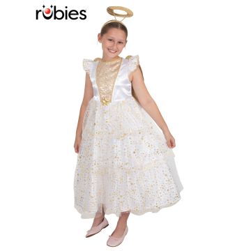 Girls Christmas angel costume dress with shimmery tulle overlay and gold star print