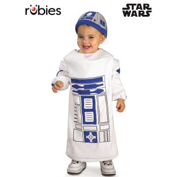 Toddler R2-D2 Star Wars costume with digitally printed control panel tunic and bonnet headpiece