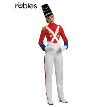 Women's red and white toy soldier costume with gold fringe epaulettes and tall black shako hat