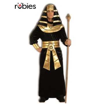 Adult Egyptian Pharaoh costume with black robe and gold collar - front view