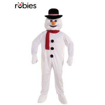 Adult snowman mascot costume with oversized head and red scarf