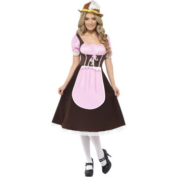 Adult womens Oktoberfest beer maid costume dress in brown and pink with attached apron