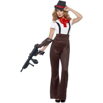 Women's 1940s gangster costume with pinstripe trousers and fedora hat