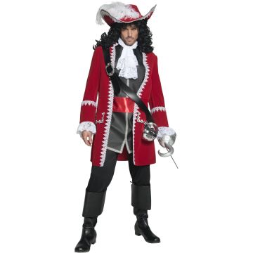 Men's deluxe pirate captain costume with red velvet frock coat and white lace trim