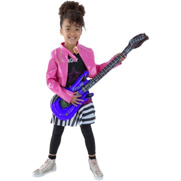 Girls 80s rockstar costume with hot pink vinyl jacket and rhinestone star top