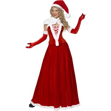 Deluxe Mrs Claus costume with red velour corset bodice and floor-length skirt