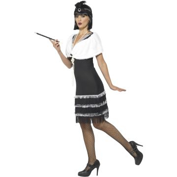 Womens Black Flapper Dress Costume with Feather Headpiece and Fur Stole