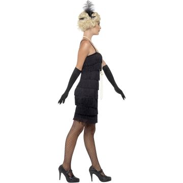 Women's Black Flapper Dress Costume with Fringe, Gloves & Headband