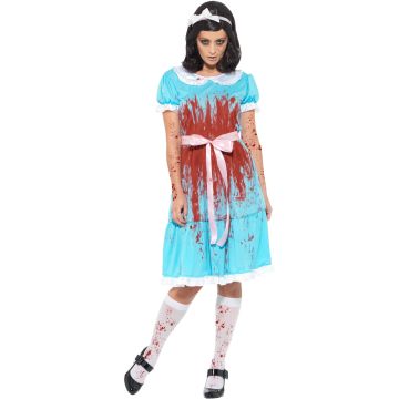 Adult Murderous Twin Costume turquoise dress with blood splatter print and Peter Pan collar