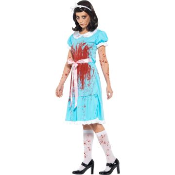 Adult Murderous Twin Costume - Turquoise Horror Dress with Blood Splatter