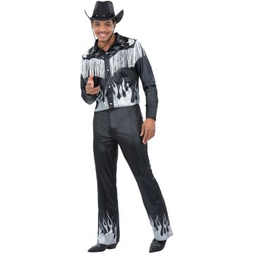 Adult mens glamorous cowboy costume with black shirt, silver flame print and white fringe trim