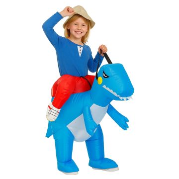 Kids inflatable dinosaur ride-on costume with bright blue T-Rex body and false legs