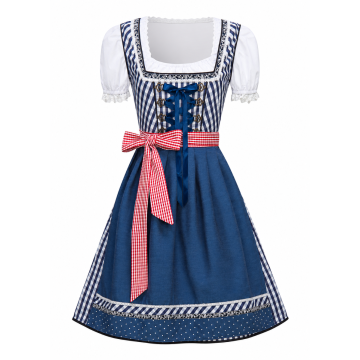 Womens Bavarian Dirndl Costume - Navy Gingham Oktoberfest Dress with Apron