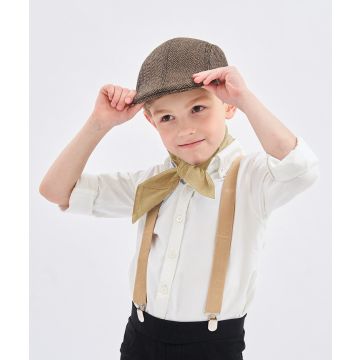 Kids Victorian newsboy costume accessories with brown herringbone cap, tan braces and cream neckerchief on white background