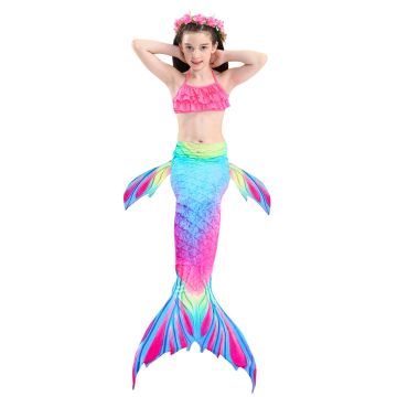 Girls Mermaid Tail Costume - Swimmable Rainbow Bikini Set with Monofin