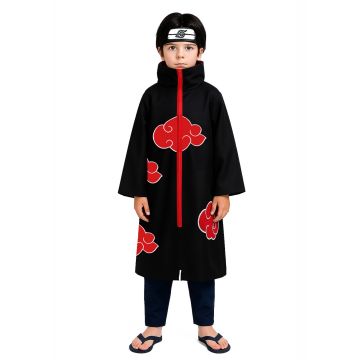 Kids black anime ninja cloak with red cloud pattern and high collar