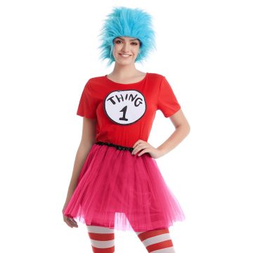 Adult Thing character costume with red T-shirt hot pink tutu and blue spiky wig