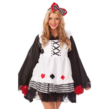 Adult Wonderland card character costume with black dress and white apron featuring playing card suits