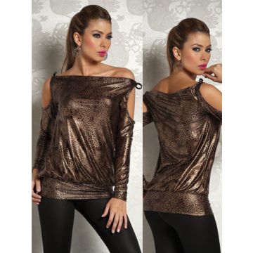 Bronze metallic off-shoulder top with bow ties and dolman sleeves