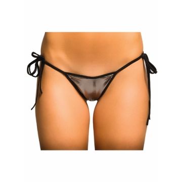 Metallic bronze tie-side thong with black ribbon closures and shimmer finish