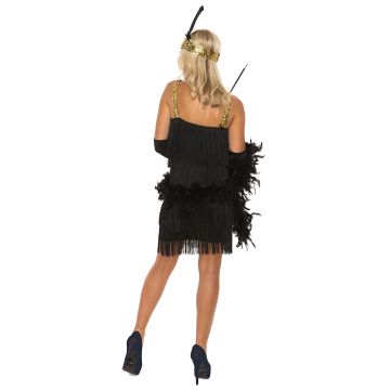 Adult 1920s Flapper Costume - Black Fringe Dress with Feather Headband