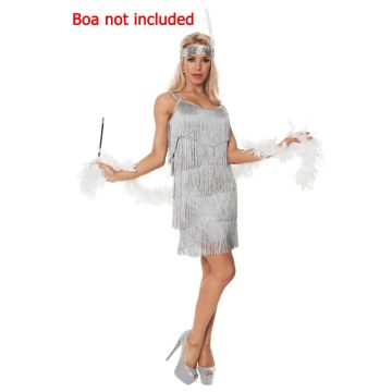 Womens Silver Flapper Costume 1920s Dress with Fringe and Feather Headband