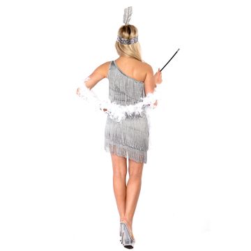 Adult Silver Flapper Costume - 1920s Charleston Dress with Fringe and Accessories