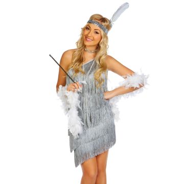 Adult 1920s Flapper Costume - Silver Charleston Dress with Headband & Pearls