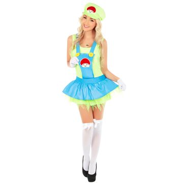 Adult Green Plumber Costume Dress with Hat and Gloves - Womens Video Game Builder