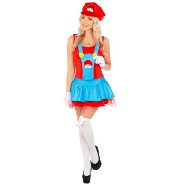 Adult Red Video Game Plumber Costume Dress with Hat and Gloves