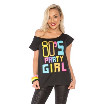 Womens black off-shoulder t-shirt with multicolored 80s Party Girl graphic