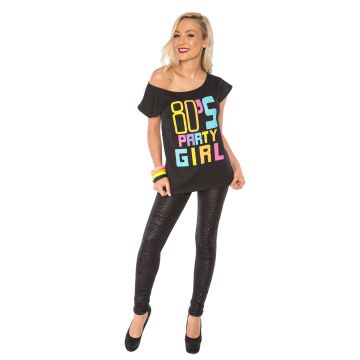 Womens 80s Party Girl Off-Shoulder T-Shirt Costume - Retro Neon Graphic Top