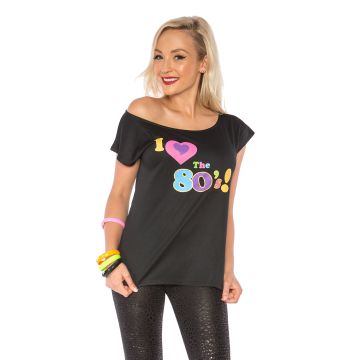 Adult wearing black I Love The 80s T-shirt with multicolor graphic and off-shoulder neckline