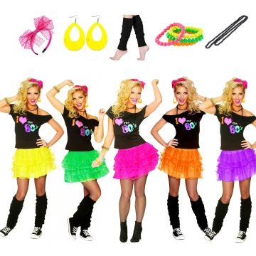 Womens 80s costume with neon yellow tutu skirt and I Love the 80s t-shirt