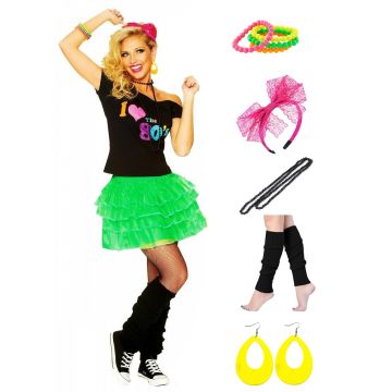 Womens I Love the 80s Costume - Neon Tutu Skirt Party Outfit with Accessories