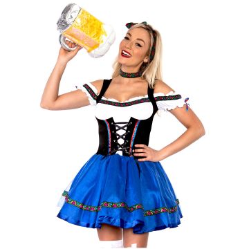 Adult Oktoberfest Beer Maid Costume - Blue Dirndl Dress with Headband