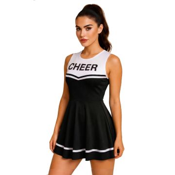 Adult black and white cheerleader costume dress with CHEER print and pleated skirt
