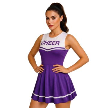 Adult purple and white cheerleader dress with CHEER print and pleated skirt
