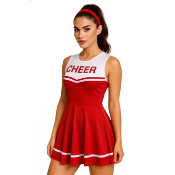 Adult womens red cheerleader costume dress with white CHEER lettering and pleated skirt