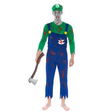 Mens undead game character jumpsuit with distressed hems and yellow suspender buttons
