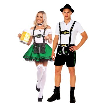 Couples Oktoberfest costume set with women's green dirndl dress and men's lederhosen shorts