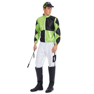 Adult horse jockey costume with green and black racing silks jacket