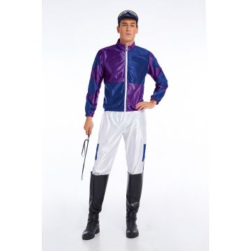 Men's horse racing jockey outfit showing color-blocked jacket with zip front and elastic cuffs