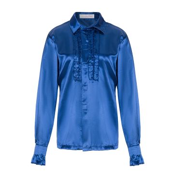 Mens 70s Disco Shirt with Afro Wig - Blue Satin Ruffled Costume Top