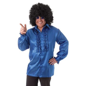 Mens 70s disco shirt in royal blue satin with vertical ruffled placket and black afro wig